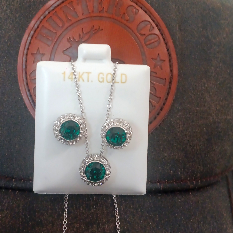 Earrings And Pendant Set With Emerald Cz And Cz Diamonds In 925 Silver